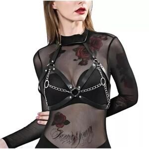 🦋B2G1🦋WESTERN FASHION Black Leatherette Harness Bra Top With Chains | ONE SIZE |